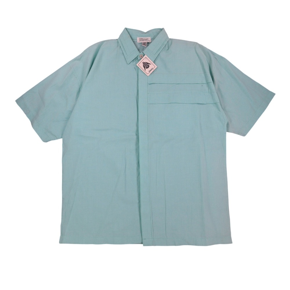 Alexxus Shirt Mens Medium Vintage 90s Aqua Blue Short Sleeve Hidden Button 805